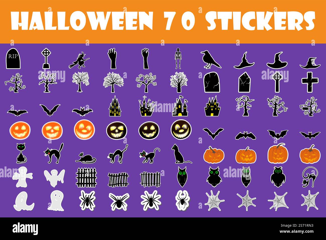 Autocollant de vacances d'Halloween avec Shadows Elements Set. Collection avec chauve-souris, fantôme, tombe, arbre, lune, citrouille, sorcière, squelette et chat sur fond blanc pour créer des designs d'Halloween. Illustration vectorielle. Illustration de Vecteur