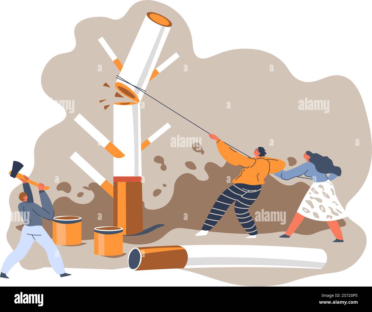 Arrêter de fumer et détruire les mauvaises habitudes nocives pour la santé. Les gens avec des outils, des instruments tranchants et des haches cassant des cigarettes. Interdiction et interdiction, refuser les éléments toxiques. Vecteur en plat. Les gens cassent la cigarette avec des instruments d'outil de hache Illustration de Vecteur