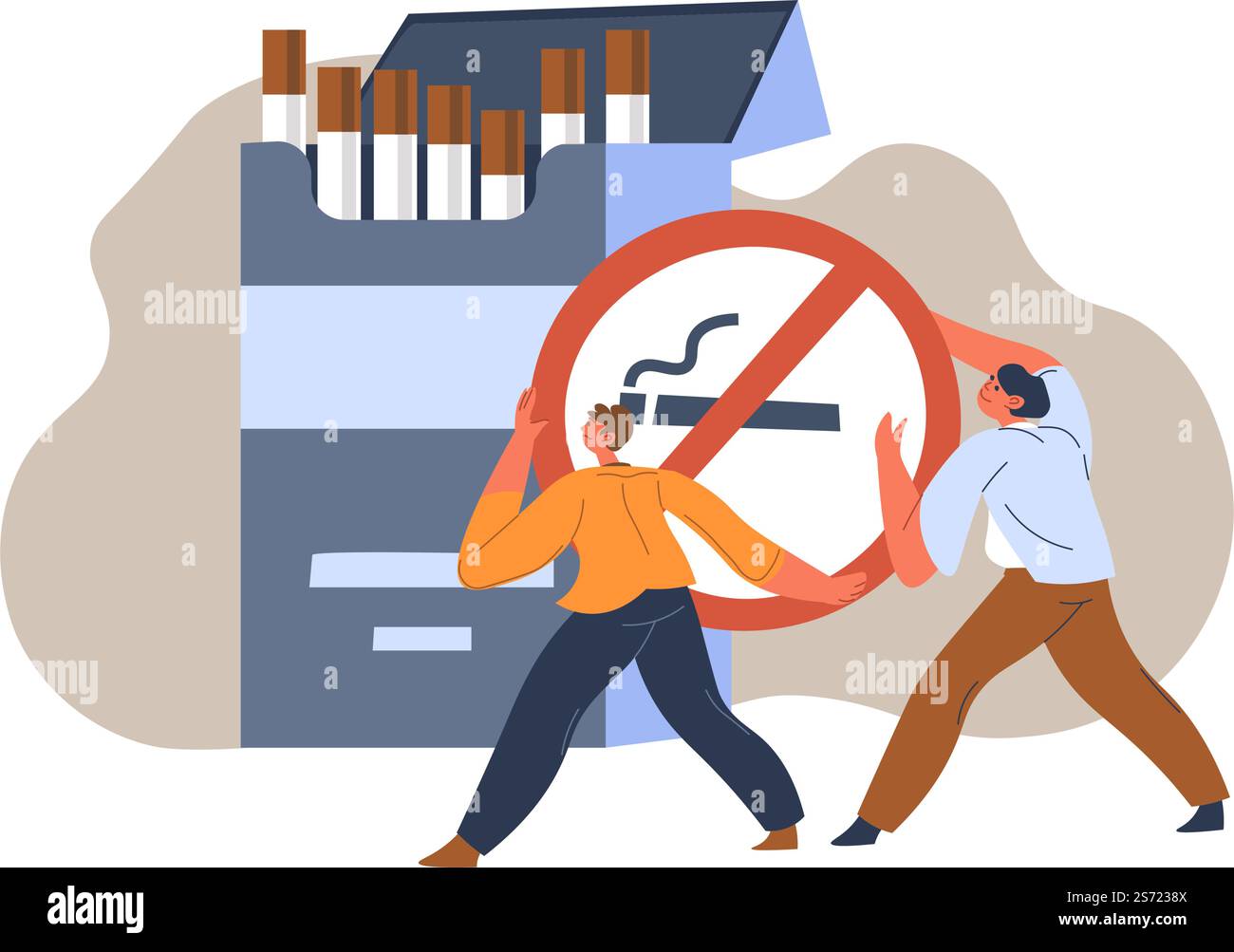 Arrêter de fumer dangereux pour la santé, les gens avec signe de pas de cigarettes avec des paquets de cigares. Dépendance à la nicotine mauvaises habitudes abandon, éléments toxiques et nocifs dans le produit. Vecteur dans le style plat. L'interdiction de fumer et les mauvaises habitudes addictives cessent Illustration de Vecteur