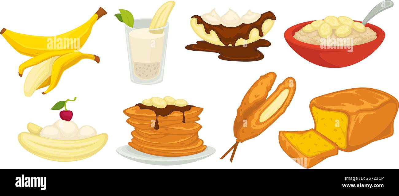 Menu pour végétaliens et végétariens, desserts sucrés et naturels à base de banane. Fruits exotiques pelés isolés, bouillie en tranches, chocolat et crêpes au sirop. Pain et recette frite, vecteur en plat. Desserts à la banane et bonbons, pain et porrisge Illustration de Vecteur
