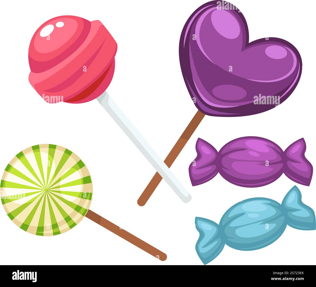 Bonbons et sucette, bonbons et desserts pour enfants, assortiment de gâteries isolées. Délicieux produits de confiserie en magasin ou en magasin pour les vacances. Emballage décoratif. Vecteur dans l'illustration de style plat. Sucreries à la sucette, bonbons et dessert caramel set Illustration de Vecteur