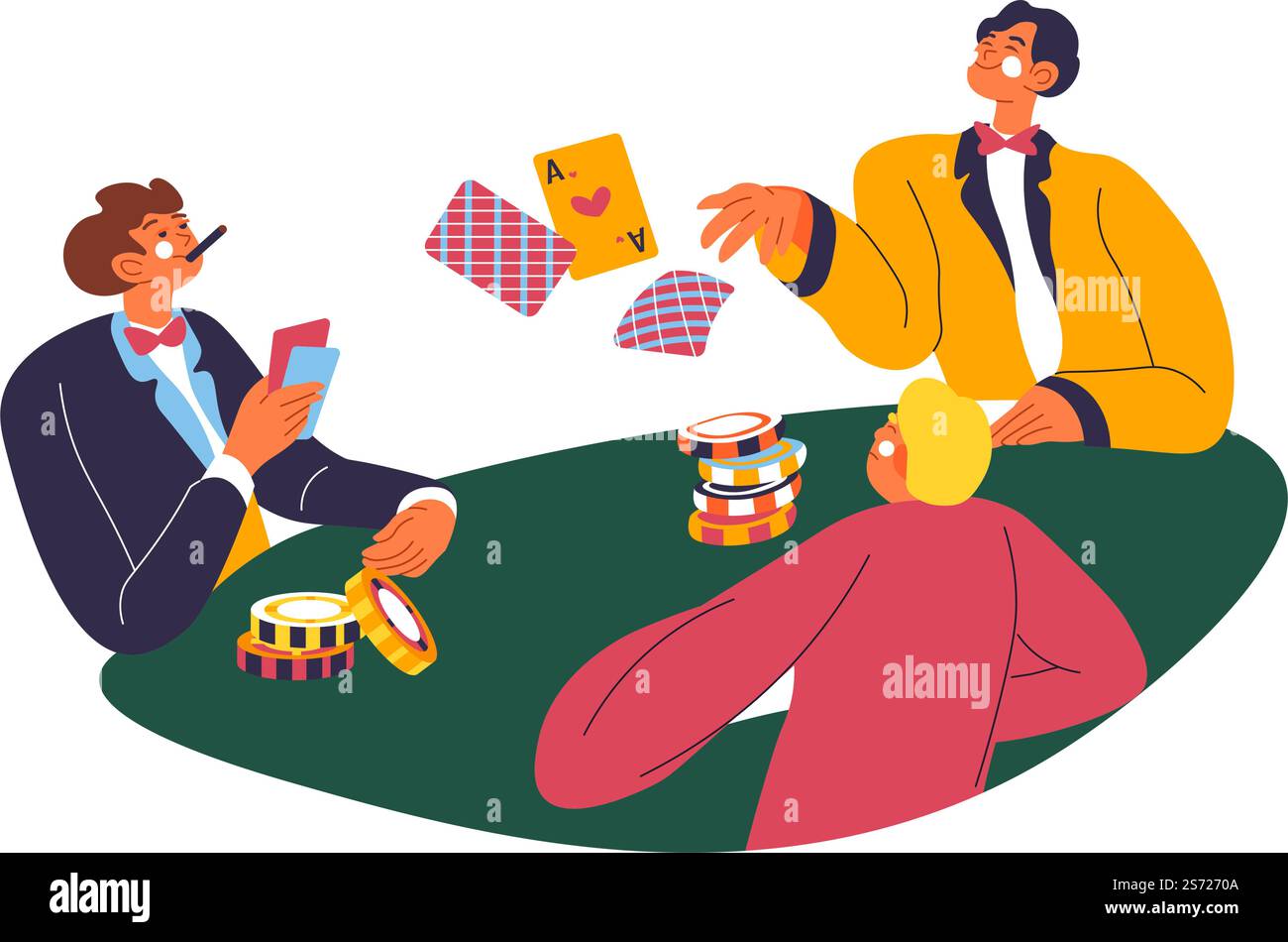Jeu et cartes à jouer sur de l'argent, compagnie isolée d'hommes fumant des cigares et jetant des jetons. Fortune et chance, succès et affaire. Personnages masculins assis à une table ronde. Vecteur dans le style plat. Jouer aux cartes, jeu de poker et jetons dans le casino Illustration de Vecteur Jeu et cartes à jouer sur de l'argent, compagnie isolée d'hommes fumant des cigares et jetant des jetons. Fortune et chance, succès et affaire. Personnages masculins assis à une table ronde. Vecteur dans le style plat. Jouer aux cartes, jeu de poker et jetons dans le casino Illustration de Vecteur