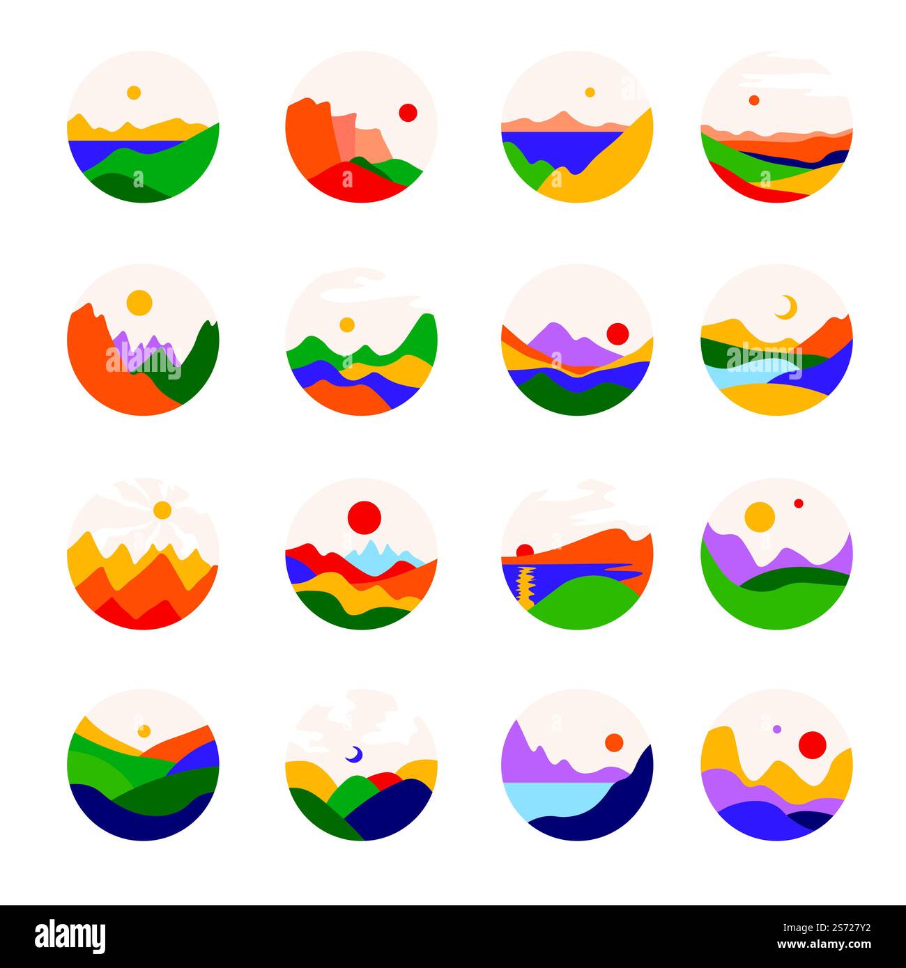 Vallée et prairies, nature et paysages, icônes de saison estivale et printanière. Terres agricoles ou lieu touristique, campagne et monuments. Montagnes et forêts, bois immaculés. Vecteur dans le style plat. Paysages et prairies, vallées et icônes de la nature Illustration de Vecteur