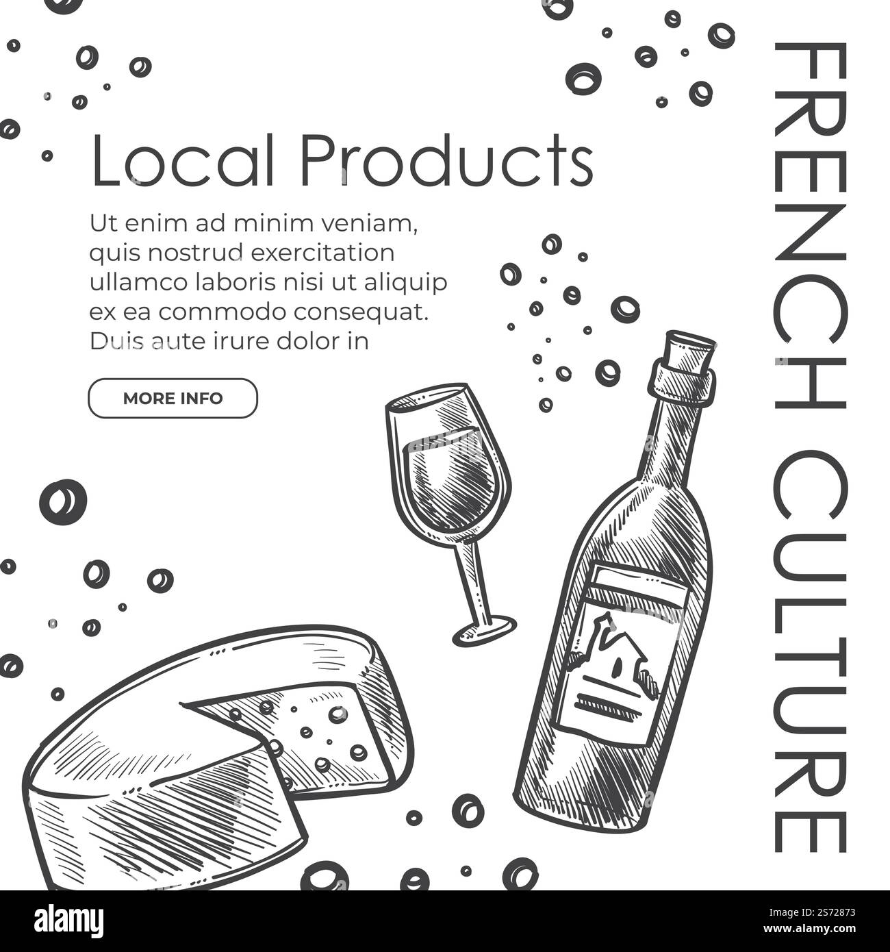 Culture française et produits locaux, boissons alcoolisées, vin et fromage. Plus d'informations sur le site du vendeur. Assortiment d'ingrédients savoureux et délicieux pour manger, menu. Vecteur dans le style plat. Produits locaux, verre à vin au fromage, culutre français Illustration de Vecteur