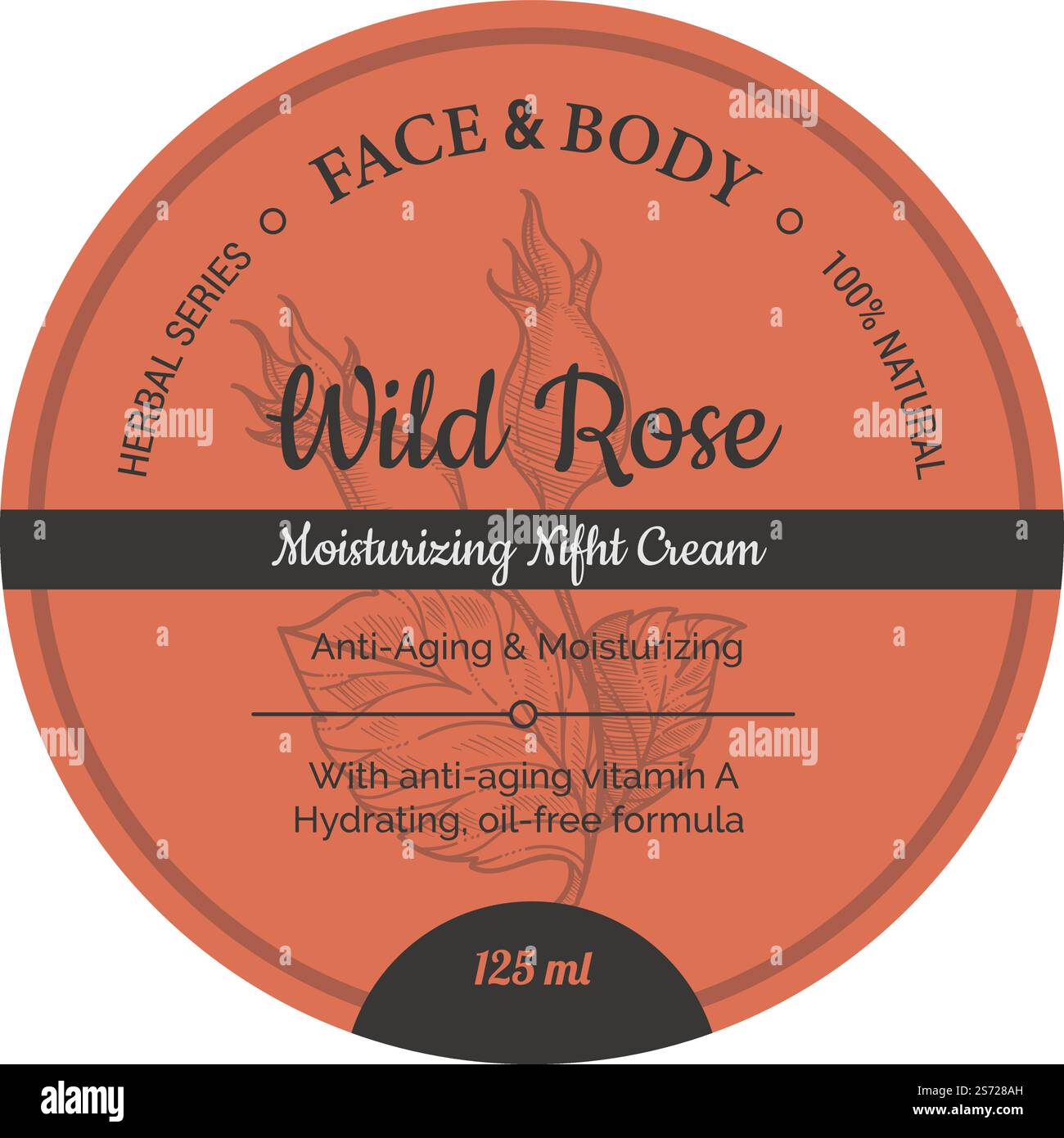 Cosmétiques visage et corps pour la beauté et le bien-être. Étiquette arrondie isolée, crème de nuit hydratante à l'extrait de rose sauvage. Série à base de plantes, ingrédients naturels et biologiques et production. Vecteur en plat. Extrait de rose sauvage, cosmétiques visage et corps Illustration de Vecteur