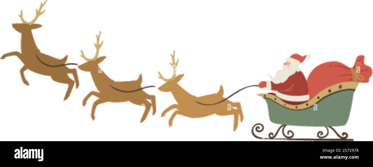 Personnage de Noël conduisant sur un traîneau avec des rennes, Père Noël isolé avec des cerfs pressés. Chariot magique pour Noël et célébration du nouvel an, décoration pour carte de voeux. Vecteur en plat. Père Noël avec des rennes, Nicolas en traîneau Illustration de Vecteur