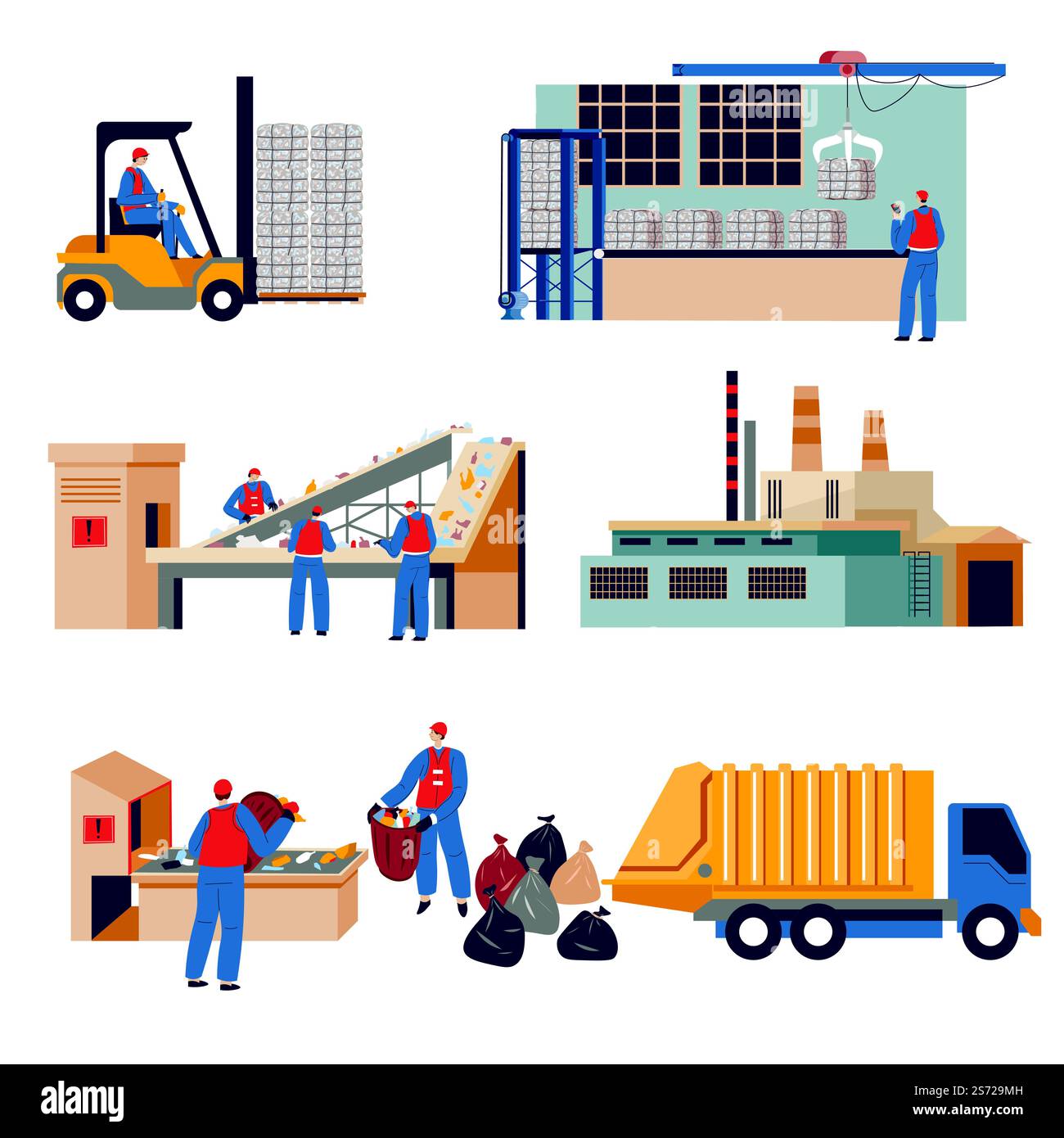 Les personnes travaillant sur l'usine de recyclage ou le centre d'installation triant les ordures et l'environnement de nettoyage. Camion pour le transport, bande transporteuse pour la séparation et chariot élévateur avec boîtes comprimées, vecteur. Employés d'usine ou d'installation de recyclage des ordures Illustration de Vecteur