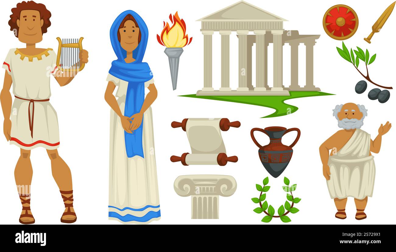 Homme et femme grecs portant des vêtements traditionnels, des gens avec des flammes, des colonnes architecturales et des temples. Amphore isolée ou pot, couronne de laurier et rouleau de papier, arme lance. Vecteur en plat. Culture, vêtements et architecture de la grèce antique Illustration de Vecteur Homme et femme grecs portant des vêtements traditionnels, des gens avec des flammes, des colonnes architecturales et des temples. Amphore isolée ou pot, couronne de laurier et rouleau de papier, arme lance. Vecteur en plat. Culture, vêtements et architecture de la grèce antique Illustration de Vecteur