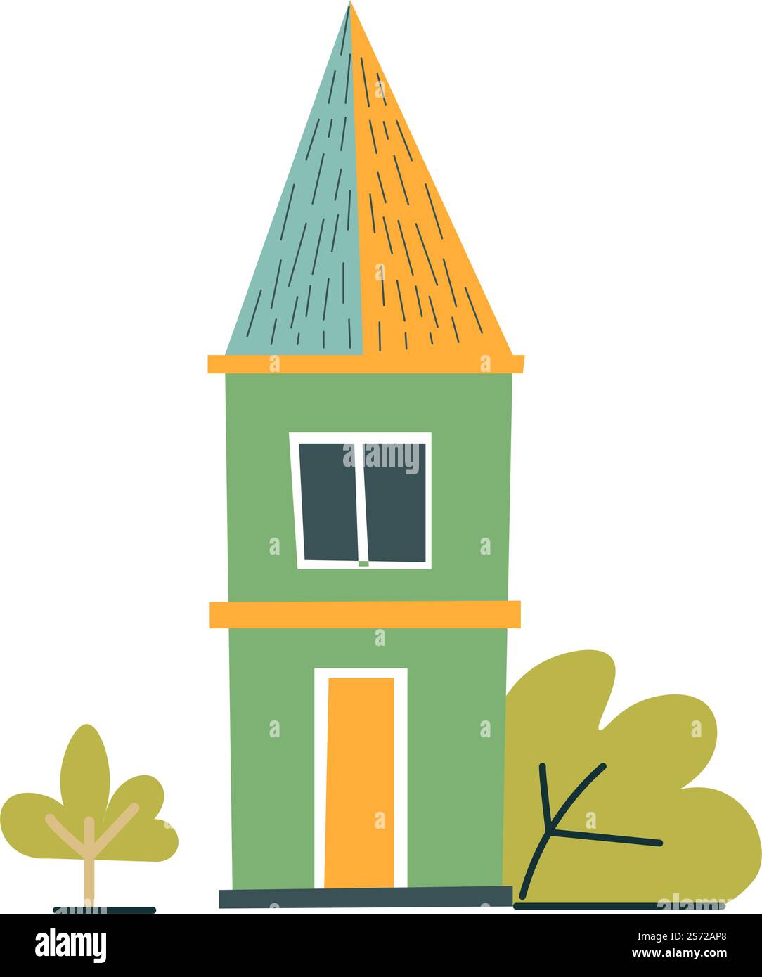 Ancienne maison en bois avec jardin et verdure luxuriante, chalet d'été isolé avec design architectural exclusif, village et bâtiment rural. Maison pour vivre ou se reposer au printemps. Vecteur en plat. Chalet d'été ou maison construite en bois ou en forêt Illustration de Vecteur