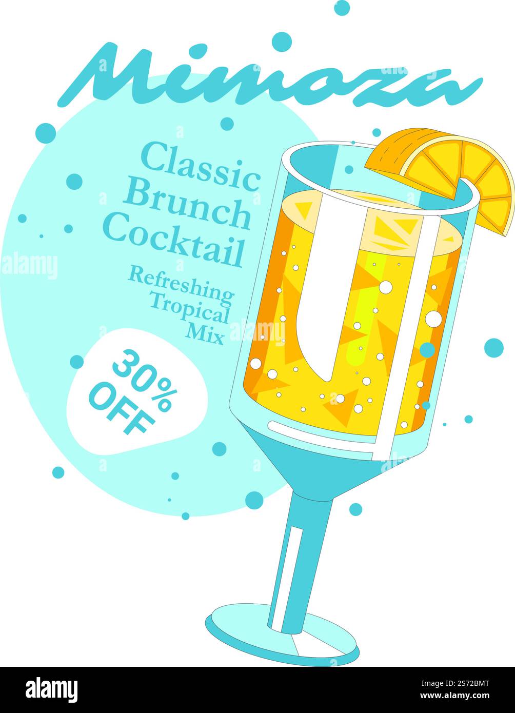 Cocktail rafraîchissant, boisson alcoolisée servie avec glace et tranches de citron. Recette classique et prix réduit dans un restaurant ou un café, un diner ou une boutique. Promotion spéciale pour les clients, vecteur en plat. Mélange rafraîchissant de cocktails brunch classique Mimoza Illustration de Vecteur
