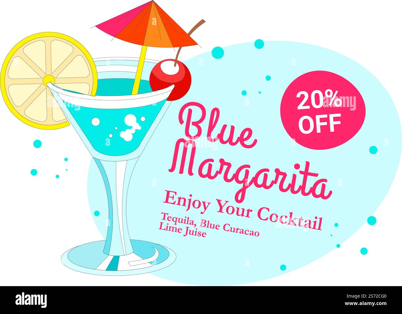 Prix réduit sur les boissons alcoolisées, margarita bleue servie dans un verre avec cerise douce, tranche de citron et parapluie décoratif. 20 % de réduction dans le menu du bar ou du restaurant, vecteur dans l'appartement. Cocktail margarita bleu, réduction de prix boutique Illustration de Vecteur