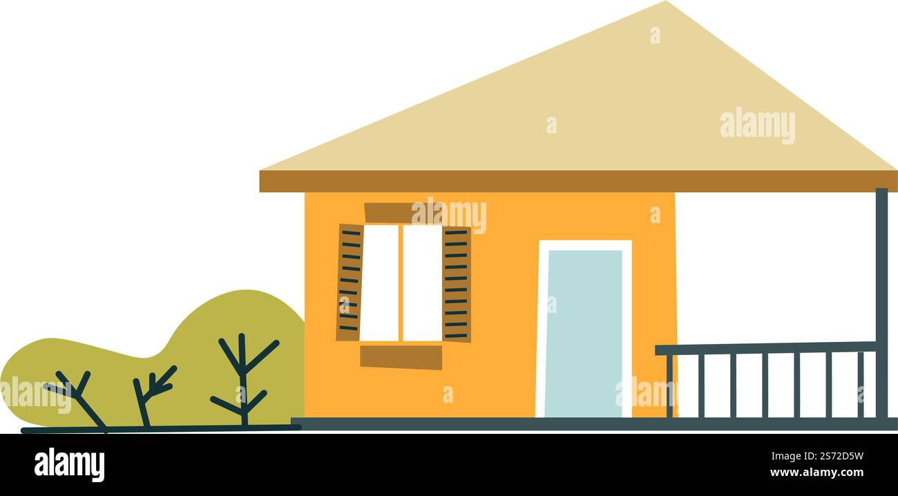 Maison en bois ou chalet d'été situé dans une zone rustique ou à la campagne. Maison isolée avec porche ou terrasse, jardin avec buissons et environnement écologique. Place pour le repos. Vecteur dans le style plat. Maison d'été ou chalet en bois dans les bois vecteur Illustration de Vecteur