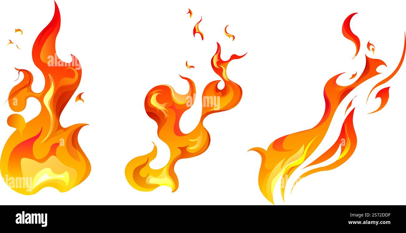 Langues de flammes, incendie isolé brûlé, icônes fixées. Inflammation et effet d'inflammation, combustion ou explosion, boule de feu et feu de forêt. Énergie naturelle puissante et éléments. Vecteur dans le style plat. Combustion du feu, inflammation et vecteur d'inflammation Illustration de Vecteur