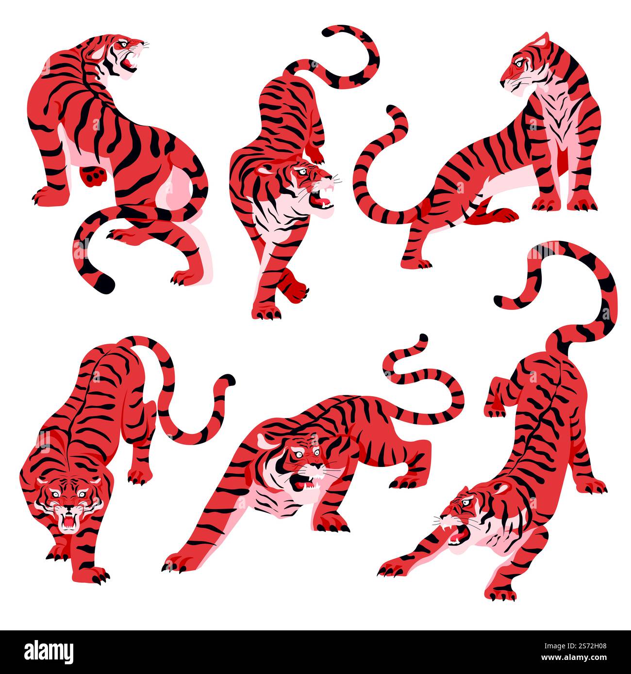 Tigres du Bengale rugissants et agressifs avec des rayures sur le pelage fourré. Animaux félins isolés, faune et vie de prédateurs. CVarnivore dans le zoo ou l'habitat naturel. Carte postale pour le nouvel an 2022. Vecteur en plat. Tigre du Bengale symbole du nouvel an, animaux rugissants Illustration de Vecteur