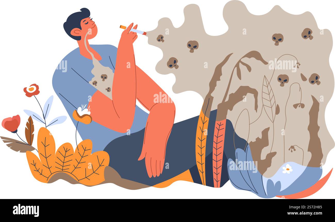 Addictif et mauvaises habitudes, nocif pour la vie et la santé du corps. Caractère masculin fumant des produits chimiques dangereux dans les cigarettes inhalant des vapeurs dans les poumons. Il est interdit de fumer. Vecteur dans l'illustration de style plat. Homme fumant de mauvaises habitudes nocives pour la santé et le corps Illustration de Vecteur