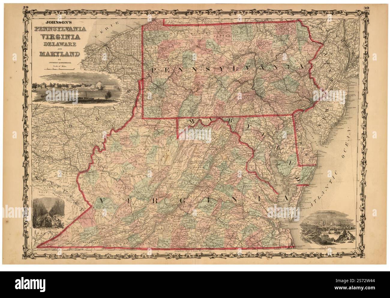 Johnson's Pennsylvania, Virginia, Delaware et Maryland 1862 par Johnson & Browning. Banque D'Images