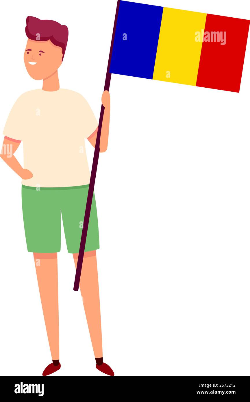 Garçon avec vecteur de dessin animé d'icône de drapeau de Roumanie. World Kid. Mignon anglais. Garçon avec vecteur de dessin animé d'icône de drapeau de Roumanie. World Kid Illustration de Vecteur