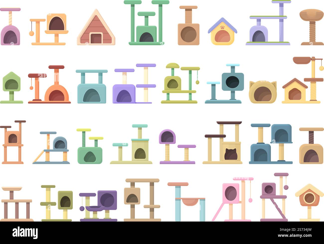 Icônes de maison de chat définir vecteur de dessin animé. Tour d'arbre. Poteau de maison. Icônes de maison de chat définir vecteur de dessin animé. Tour d'arbre Illustration de Vecteur