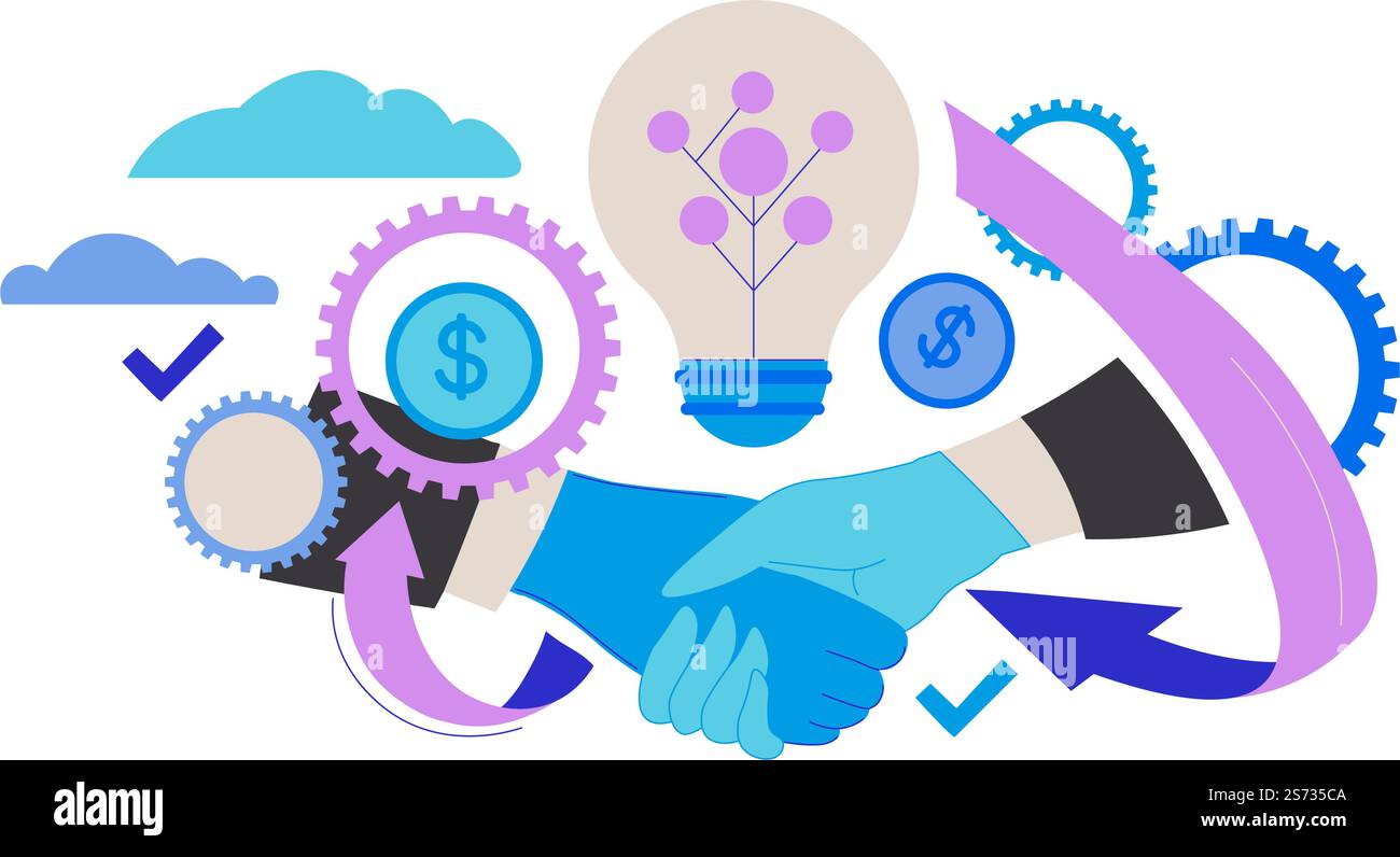 Assistance et aide, coopération et traiter avec le client ou le partenaire. Communication avec le directeur ou le leader, réunion réussie et résultats. Réalisation pour une société ou une entreprise. Vecteur en plat. Accord de poignée de main accord, coopération et aide Illustration de Vecteur