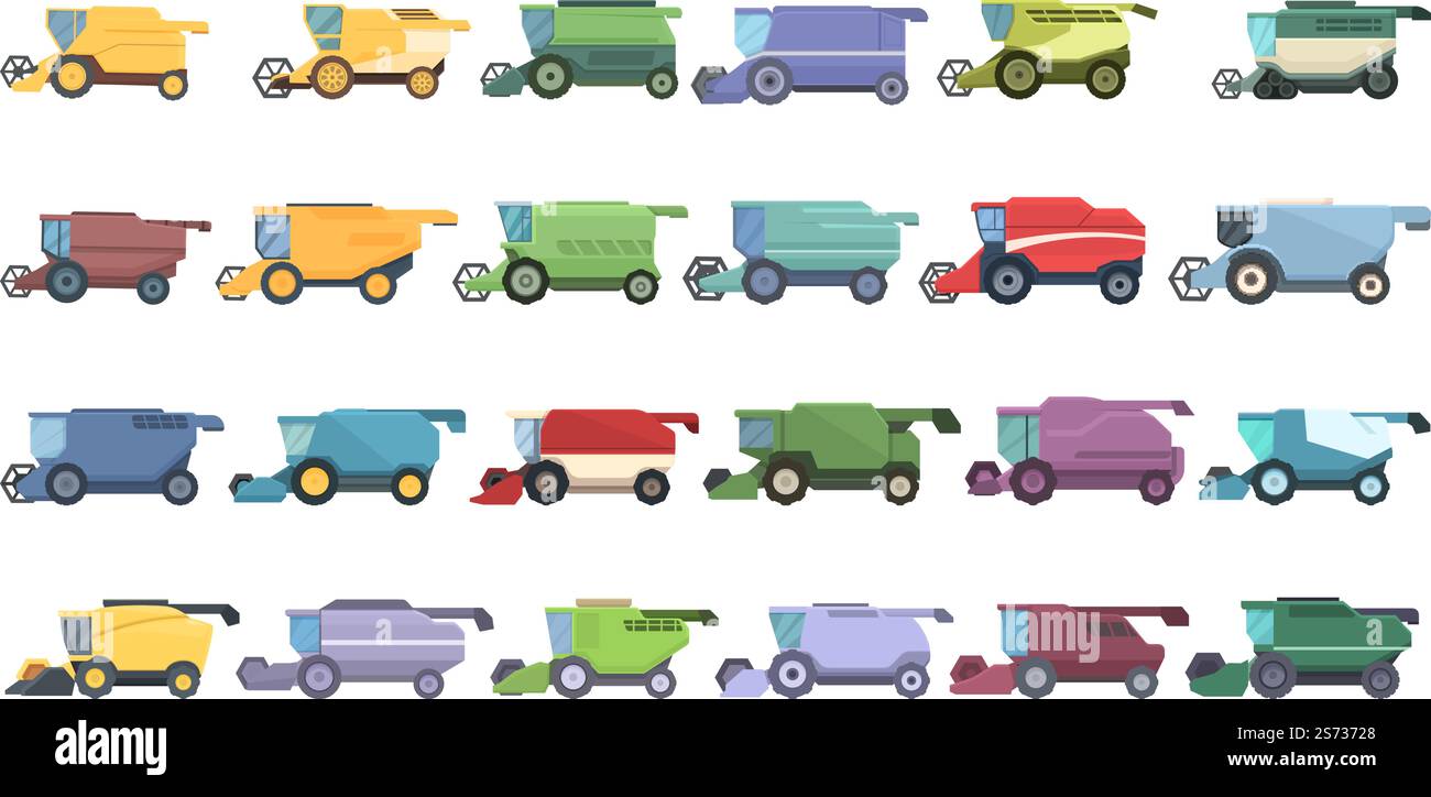 Les icônes de moissonneuse-batteuse définissent le vecteur de dessin animé. Agriculture agricole. Nourriture été. Les icônes de moissonneuse-batteuse définissent le vecteur de dessin animé. Agriculture agricole Illustration de Vecteur
