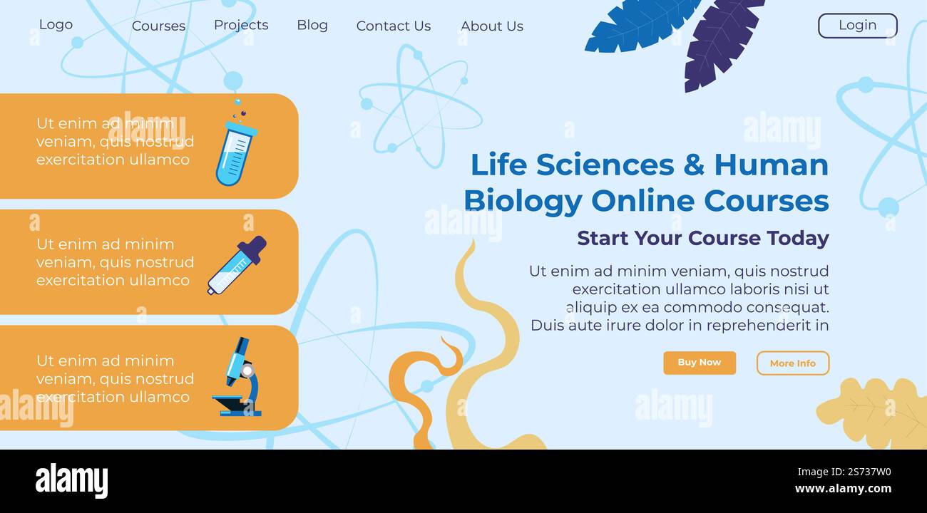 Cours et leçons en ligne sur la biologie humaine et les sciences de la vie, enseignement et apprentissage à distance. Commencez à étudier aujourd'hui, la chimie et les expériences. Modèle de page de destination en ligne de site Web, vecteur dans le style plat. Cours en ligne sur les sciences de la vie et la biologie humaine Illustration de Vecteur