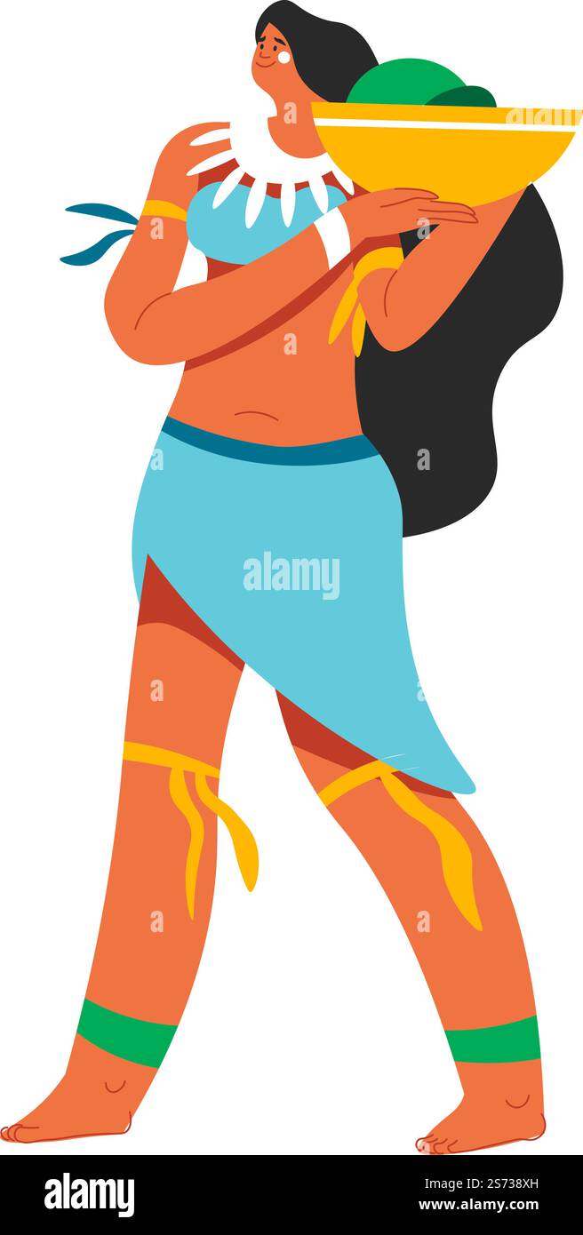 Personnage féminin vêtu de vêtements de culture ethnique portant un panier avec des fruits et légumes, saison des récoltes. Cultures et nourriture, agriculteur qualifié. Femme en robe avec des rubans. Vecteur dans le style plat. Rassembler la culture, récolter l'activité saisonnière Illustration de Vecteur
