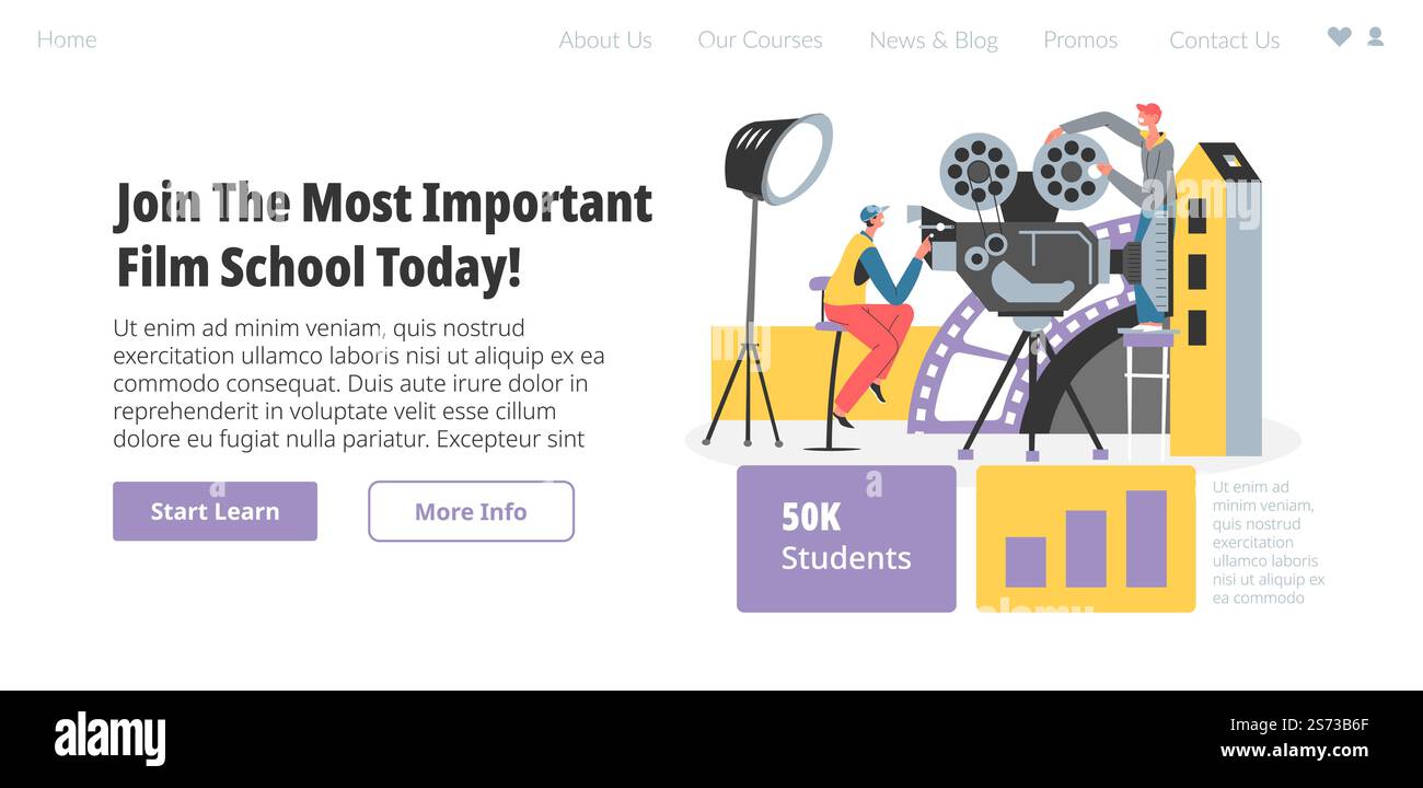 École de cinéma, rejoignez-nous aujourd'hui et apprenez comment faire du cinéma et des films. Industrie cinématographique, les professionnels enseignent des leçons et des classes. Techniques de formation pour les étudiants. Vecteur dans l'illustration de style plat. Rejoignez le site le plus important de l'école de cinéma aujourd'hui Illustration de Vecteur