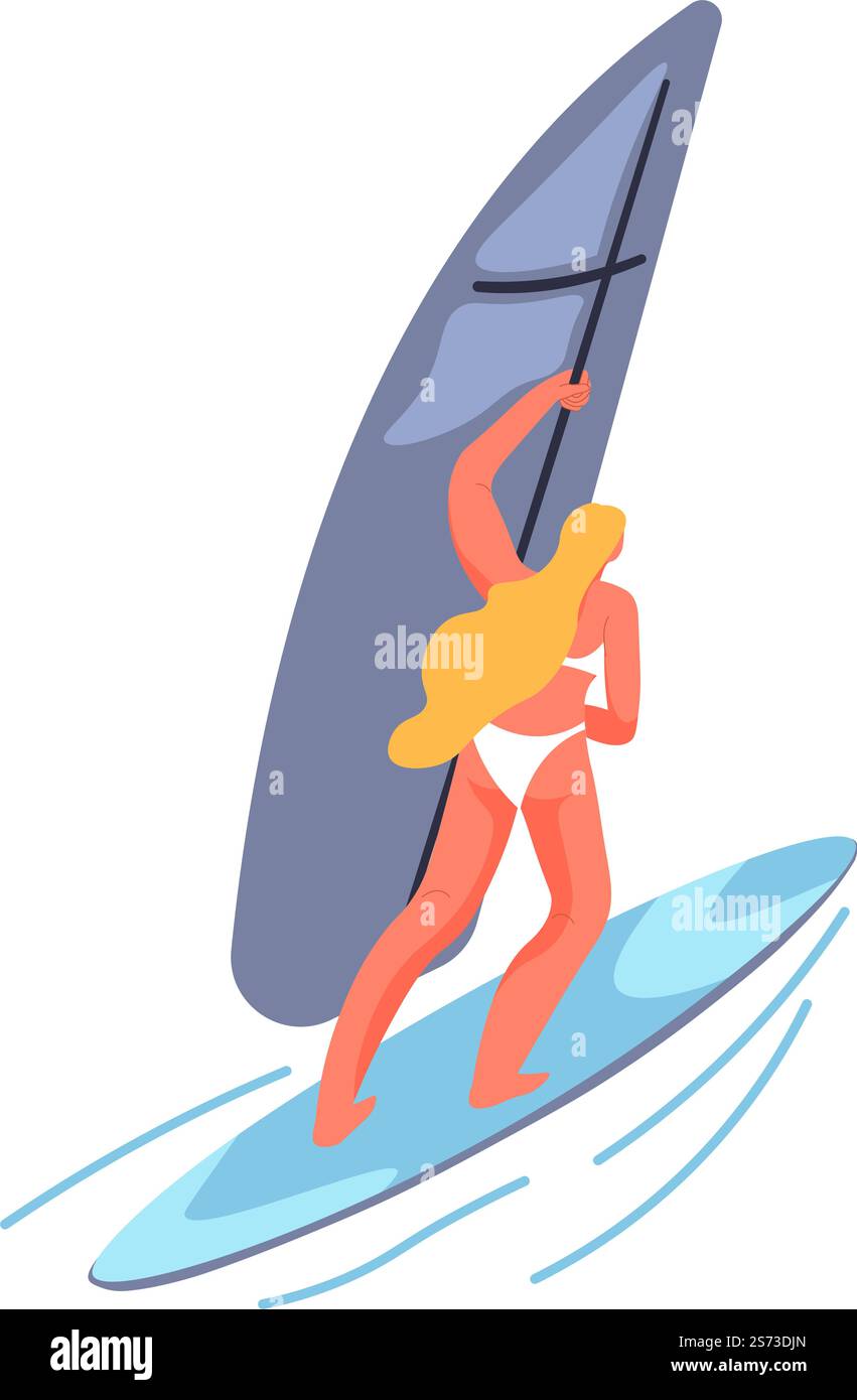 Pratiquant femme à bord avec voile apprendre à équilibrer. Personnage féminin isolé avec passe-temps de planche à voile ou de planche à voile. Activités estivales et loisirs en saison chaude. Vecteur dans le style plat. Planche à voile ou planche à voile, femme pratiquante Illustration de Vecteur