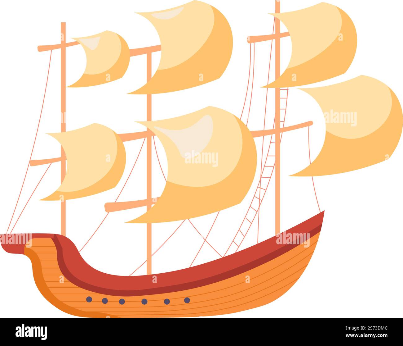 Bateau à voile avec voiles et base en bois, régate antique ou transport pour explorer le monde. Navigation et transports, sports nautiques ou loisirs d'été, pirates. Vecteur dans le style plat. Ancien voilier ou navire, voyage voyageant Illustration de Vecteur