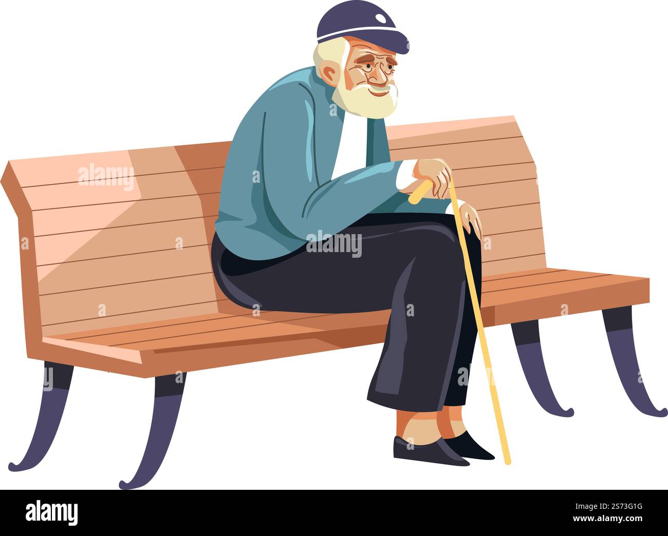 Personnage masculin senior assis sur un banc en bois dans le parc, grand-père isolé avec bâton de marche à la main profitant de l'air frais extérieur. Loisirs et détente. Grand-père style de vie et repos. Vecteur dans le style plat. Grand-père assis sur le banc avec vecteur de bâton de marche Illustration de Vecteur