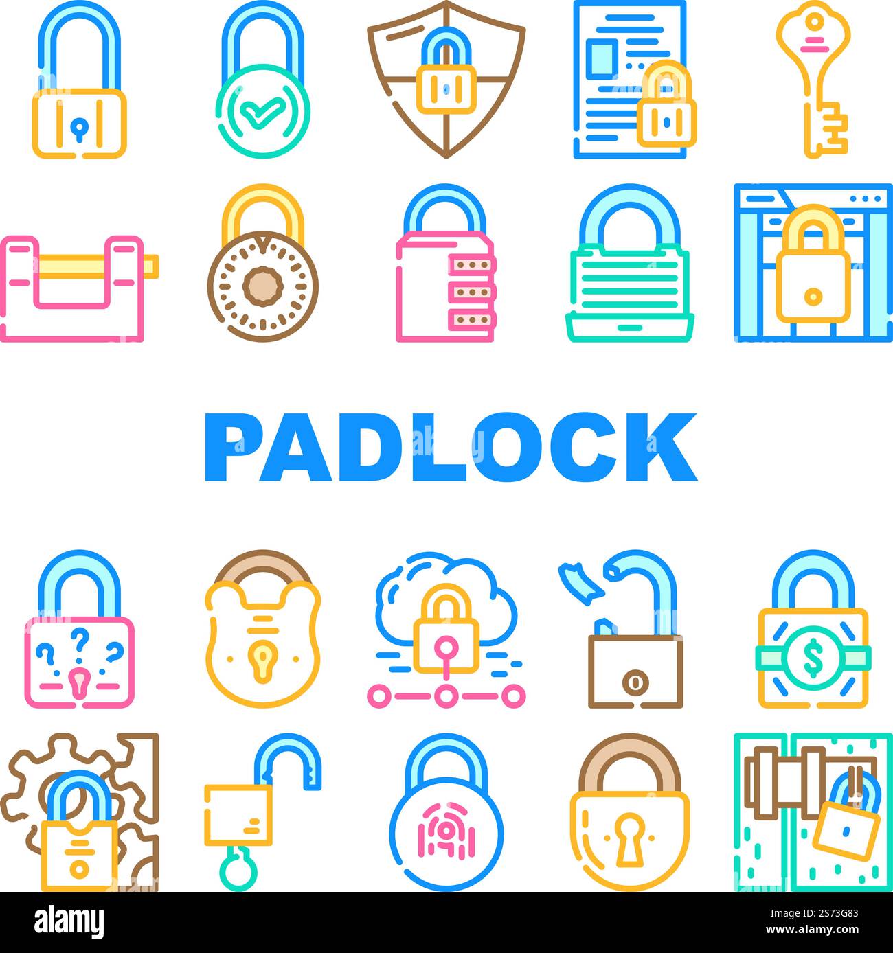 cadenas verrou mot de passe sûr icônes set vector. confidentialité sécurisée, protection de la sécurité, élément internet, trou de serrure web, cadenas système verrouillage sécurisé mot de passe illustrations de ligne de couleur. cadenas verrou mot de passe sûr icônes set vector Illustration de Vecteur