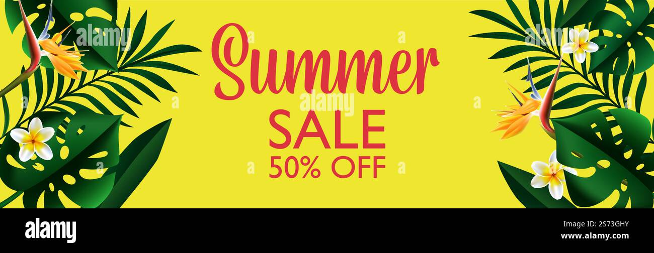 Publicité de la vente d'été, rabais et 50 pour cent de réduction de prix pour les clients. Achats et achats avec des coûts réduits. Bannières spéciales de marchandises bon marché. Vecteur dans le style plat. Réductions d'été, vente et réduction de prix Illustration de Vecteur