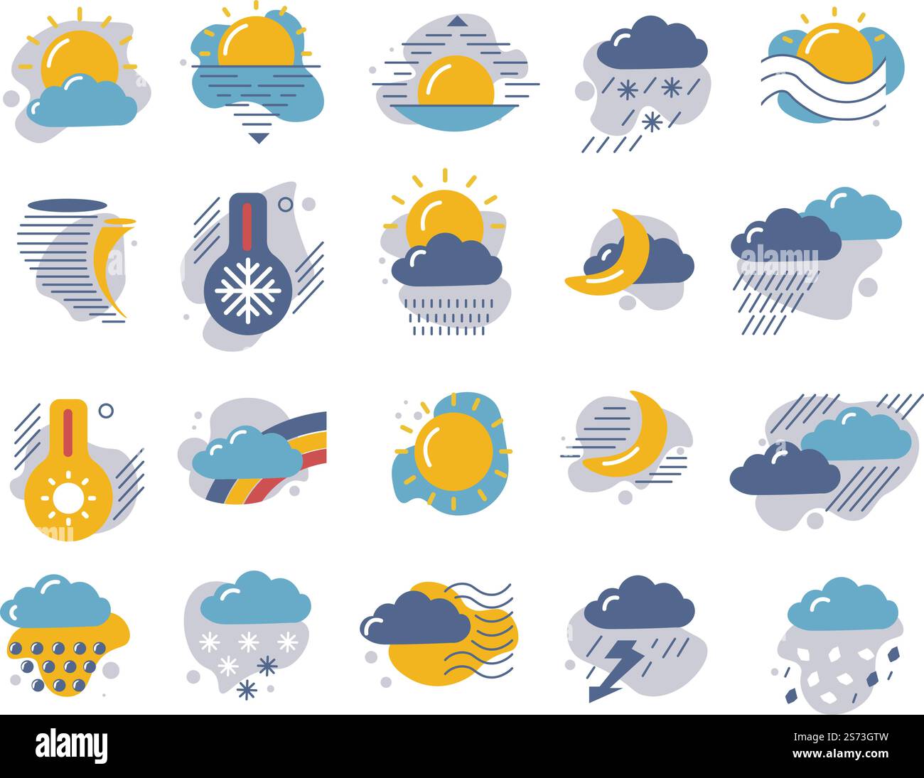 Prévisions et signes météorologiques, soleil isolé avec des rayons, des nuages et la baisse et l'augmentation de la température. Lune avec étoiles, conditions de pluie et de neige. Orage et boulons, set. Vecteur dans le style plat. Signes météorologiques, soleil et nuages, pluie et lune Illustration de Vecteur