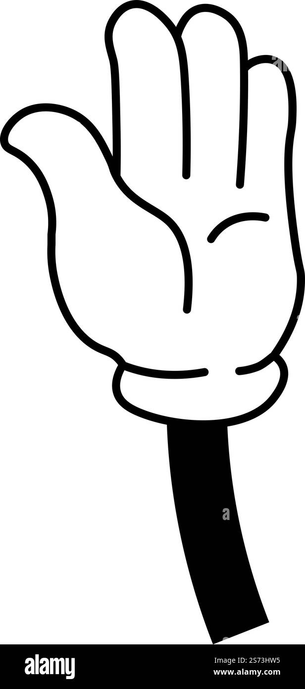Arrêt ou salutation, geste isolé de la main du personnage dans des gants. Communication non verbale et parler, sticker ou emoji design. Bras de personnage minimaliste simple dessin animé au trait. Vecteur dans le style plat. Geste de la main arrêter ou saluer des signes non verbaux Illustration de Vecteur
