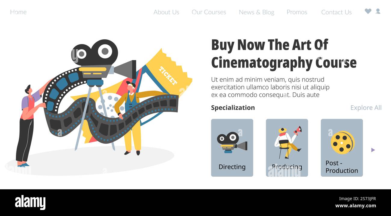 Cours de cinématographie, apprenez à tourner, réaliser et produire des films. Techniques de post-production, industrie cinématographique et du divertissement. Cours universitaires. Et Vector dans un style plat. Acheter maintenant art de la cinématographie cours, direction Illustration de Vecteur