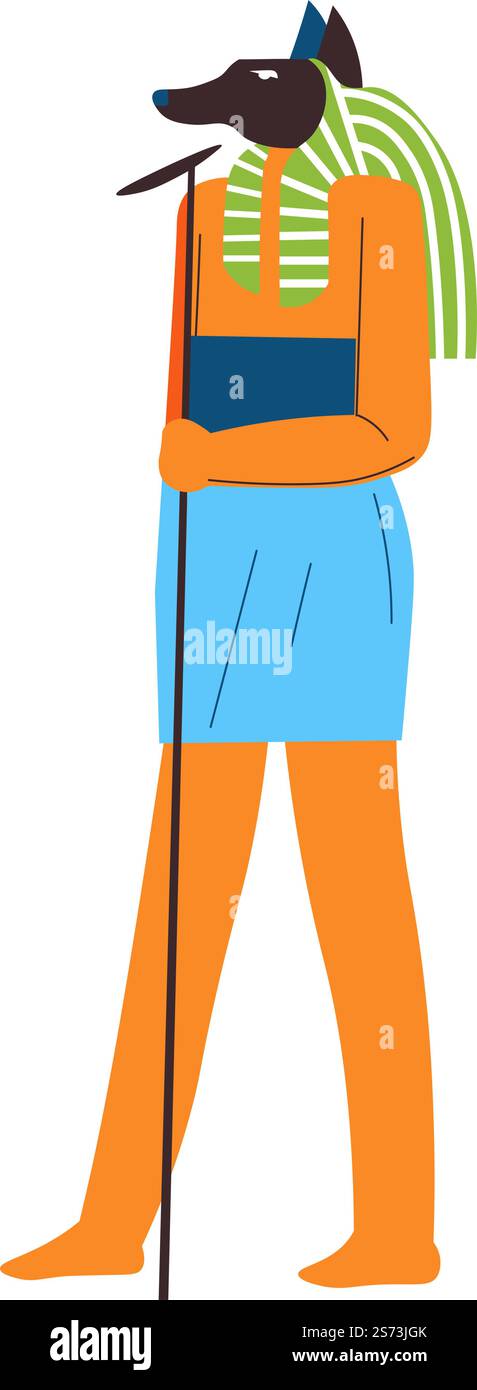 Civilisation égyptienne antique, religion et mythologie, histoire et patrimoine culturel. Dieu ou divinité anubis isolé. Personnage masculin avec visage d'animal. Vêtements traditionnels. Vecteur dans le style plat. Anubis ancien Dieu égyptien, vecteur de déité sacrée Illustration de Vecteur