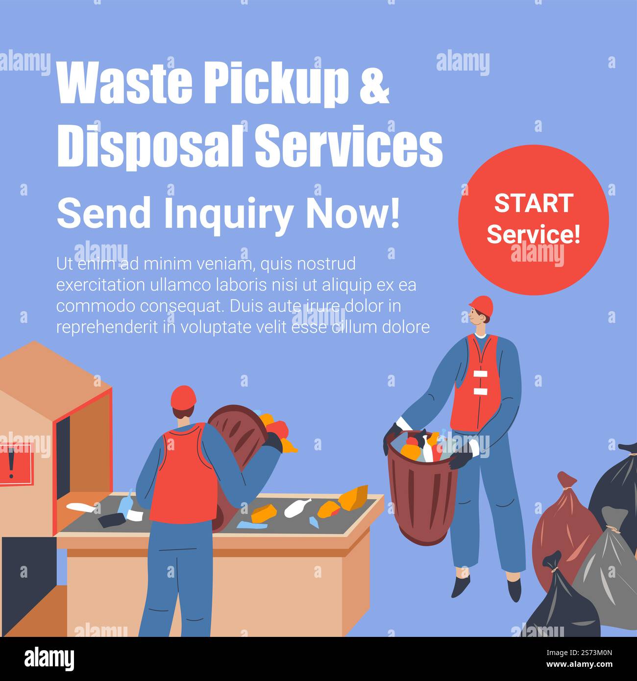 Envoyer la demande, les services de ramassage et d'élimination des déchets, la gestion des ordures et le processus de recyclage. Soin de la nature et réduction de la pollution. Bannière promotionnelle, affiche publicitaire. Vecteur dans le style plat. Service de ramassage et d'élimination des déchets, envoyer une demande Illustration de Vecteur