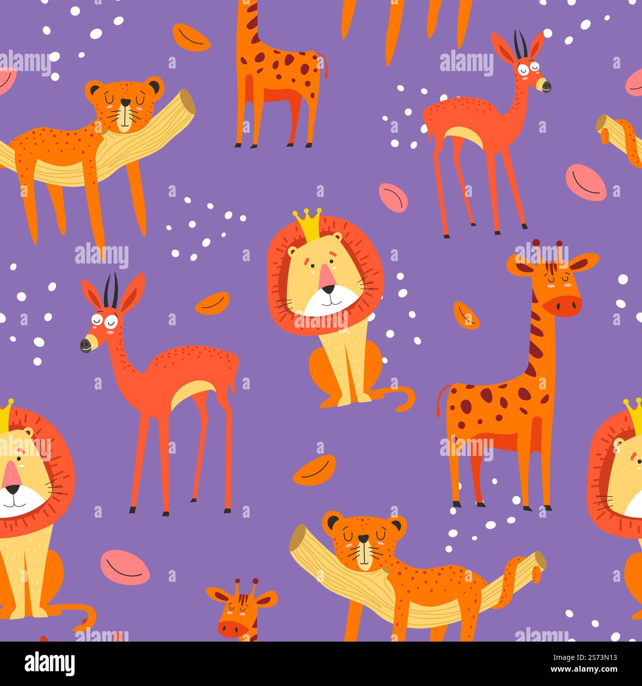 Girafe et lion portant la couronne, roi des jungles. Animaux mignons, guépard endormi couché sur une branche d'arbre. Animaux sauvages créatures et faune. Vecteur dans le style plat, modèle sans couture, fond ou papier peint. Motif animal sans couture, roi lion et girafe Illustration de Vecteur