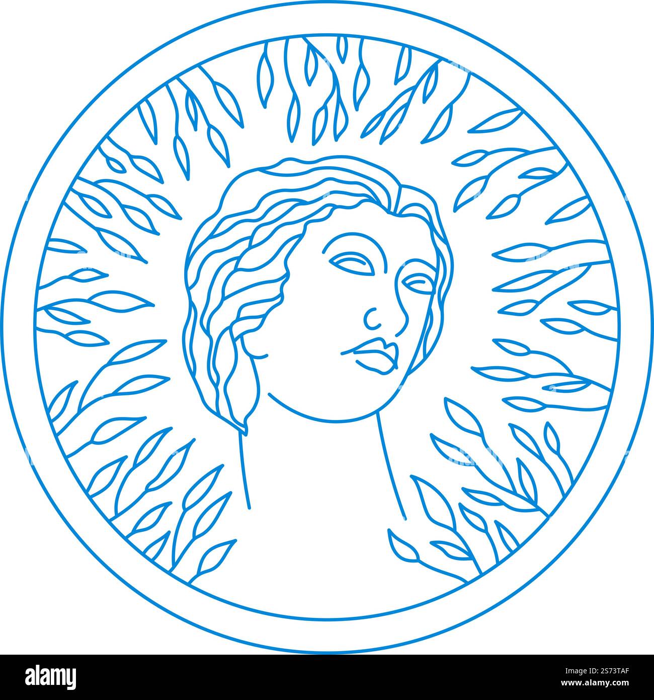 Art antique de la Grèce ou de Rome, portrait isolé de statue de femme regardant de côté. Image dans un cadre rond avec éléments floraux, feuillage et décoration de feuilles botaniques. Vecteur dans l'illustration de style plat. Art grec ancien, buste de portrait de femme Illustration de Vecteur