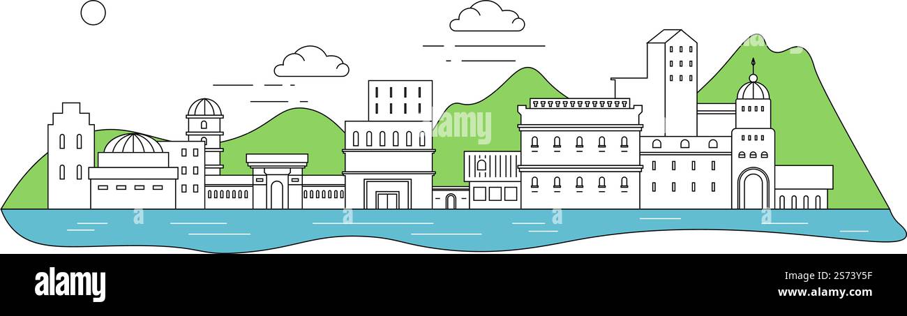 Paysage urbain avec des gratte-ciel hauts et bas, des gratte-ciel et des monuments et bâtiments de la vieille ville. Architecture de ville par rivière et montagnes avec forêt verdoyante. Contour d'esquisse monochrome. Vecteur dans le style plat. Croquis d'horizon ou de paysage urbain, vue monochrome sur la ville Illustration de Vecteur