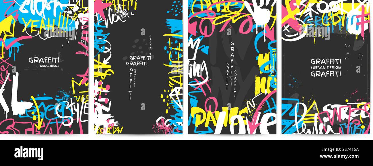 Affiches de graffiti. Bannière d'art de murs de rue, peinture d'encre de marqueur design urbain. Couleurs néon dessin, spray et gribouillage éléments. Fond de vecteur de style de ville. Illustration de la bannière de lettrage graffiti. Affiches de graffiti. Bannière d'art de murs de rue, peinture d'encre de marqueur design urbain. Couleurs néon dessin, spray et gribouillage éléments. Fond de vecteur néotérique de style ville Illustration de Vecteur