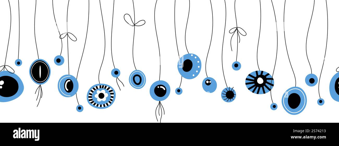 Motif sans couture d'amulettes maléfiques suspendues. Mascottes grecques de protection mystique. Pendentif oeil noir bleu style turc. Imprimé de bordure vectorielle de mode. Illustration de la décoration turque de l'oeil d'amulette. Motif sans couture d'amulettes maléfiques suspendues. Mascottes grecques de protection mystique. Pendentif oeil noir bleu style turc. Imprimé de bordure vectorielle de mode Illustration de Vecteur