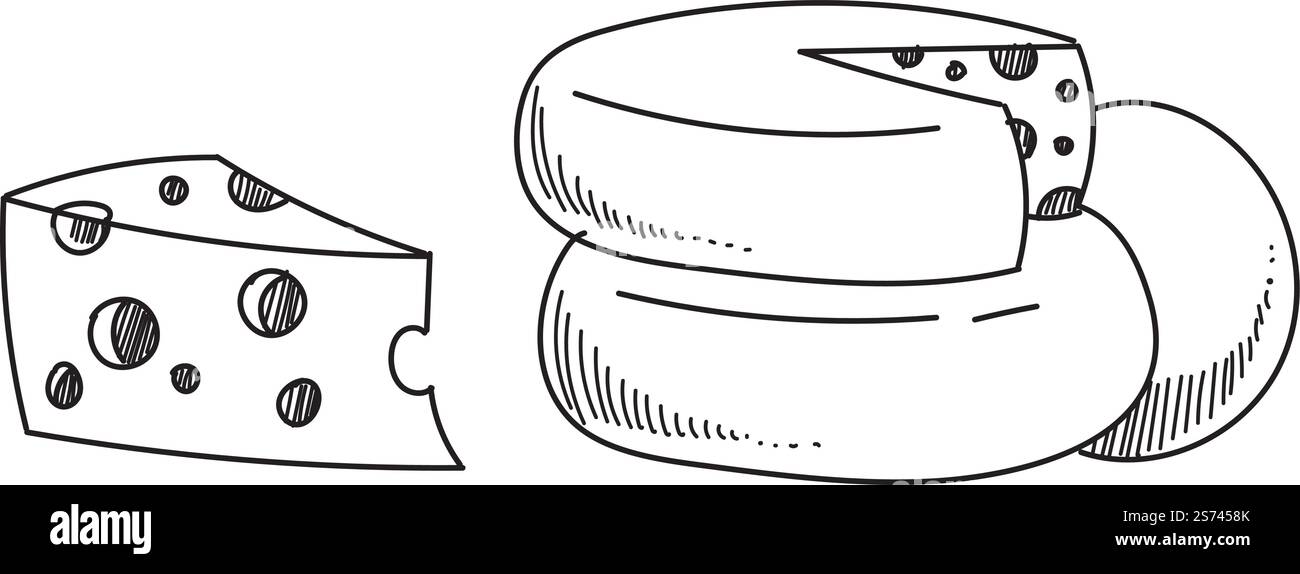 Fromage coupé. Entier et en tranches. Produit laitier savoureux isolé sur fond blanc. Fromage coupé. Entier et en tranches. Produit laitier savoureux Illustration de Vecteur