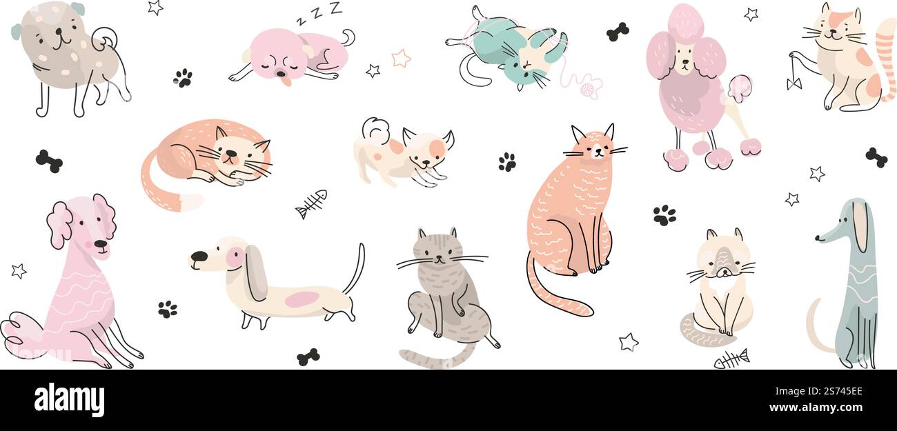 Doodle adorables animaux de compagnie. Portrait de chien mignon, joli chaton détendre différentes poses. Chats et chiens, dessins animés chiots. Isolé de nos jours animaux vecteur ensemble de chaton et chien adorable. Doodle adorables animaux de compagnie. Portrait de chien mignon, joli chaton détendre différentes poses. Chats et chiens, dessins animés chiots. Ensemble de vecteurs d'animaux isolés de nos jours Illustration de Vecteur
