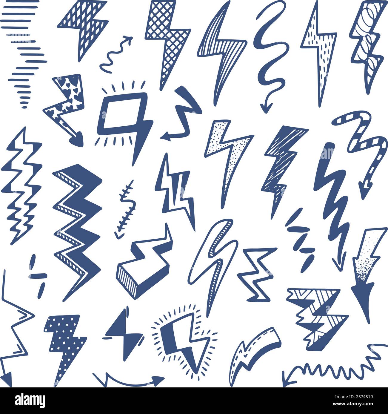 Jeu de flash Doodle. Dessin d'éclairage de tonnerre, croquis de doodles de puissance ou d'électricité. Emblème de boulon de lumière, kit vectoriel rétro flashs néotériques de gribouillage. Illustration du motif de foudre de l'énergie du tonnerre. Jeu de flash Doodle. Dessin d'éclairage de tonnerre, croquis de doodles de puissance ou d'électricité. Emblème de boulon de lumière, kit vectoriel rétro flashs néotériques de gribouillage Illustration de Vecteur