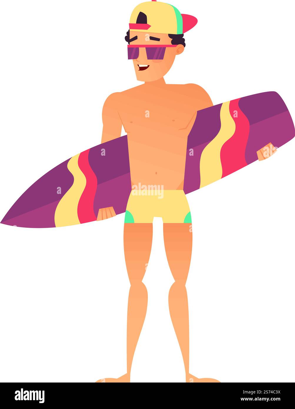 Un gars avec une planche de surf. Personnage surfeur amusant d'été isolé sur fond blanc. Un gars avec une planche de surf. Personnage surfeur amusant d'été Illustration de Vecteur