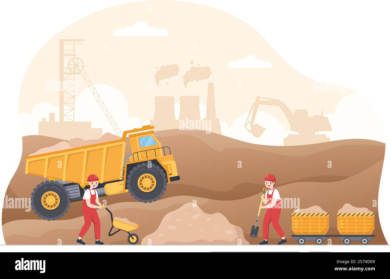 Compagnie minière avec camions lourds de camion-pompe jaune pour le procédé industriel de mine de charbon ou le transport en charon plat modèles dessinés à la main Illustration Illustration de Vecteur