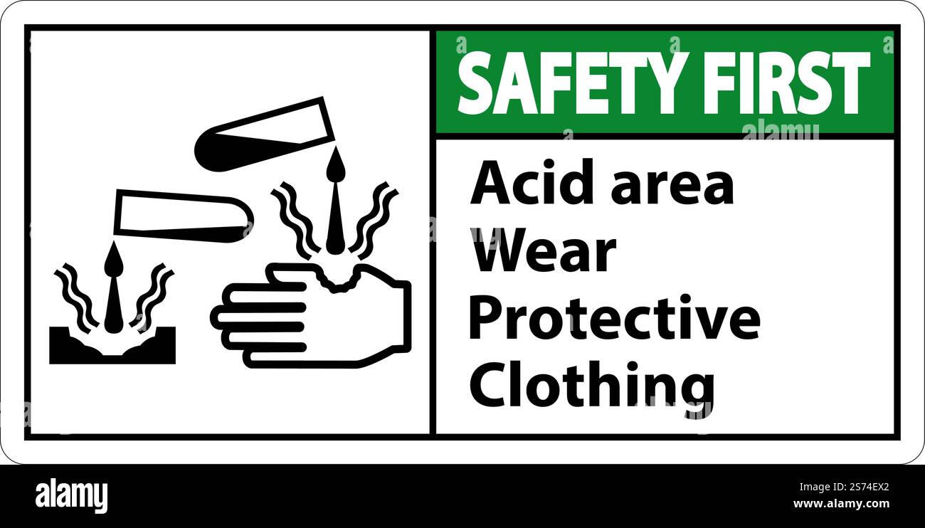 Signalisation de sécurité en premier lieu pour les zones acides portant des vêtements de protection Illustration de Vecteur