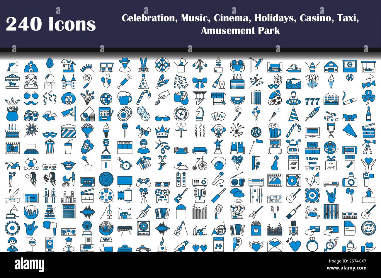 240 icônes de la fête, de la musique, du cinéma, des vacances, du casino, Taxi, parc d'attractions. Contour gras modifiable avec Color Fill Design. Illustration vectorielle. Illustration de Vecteur