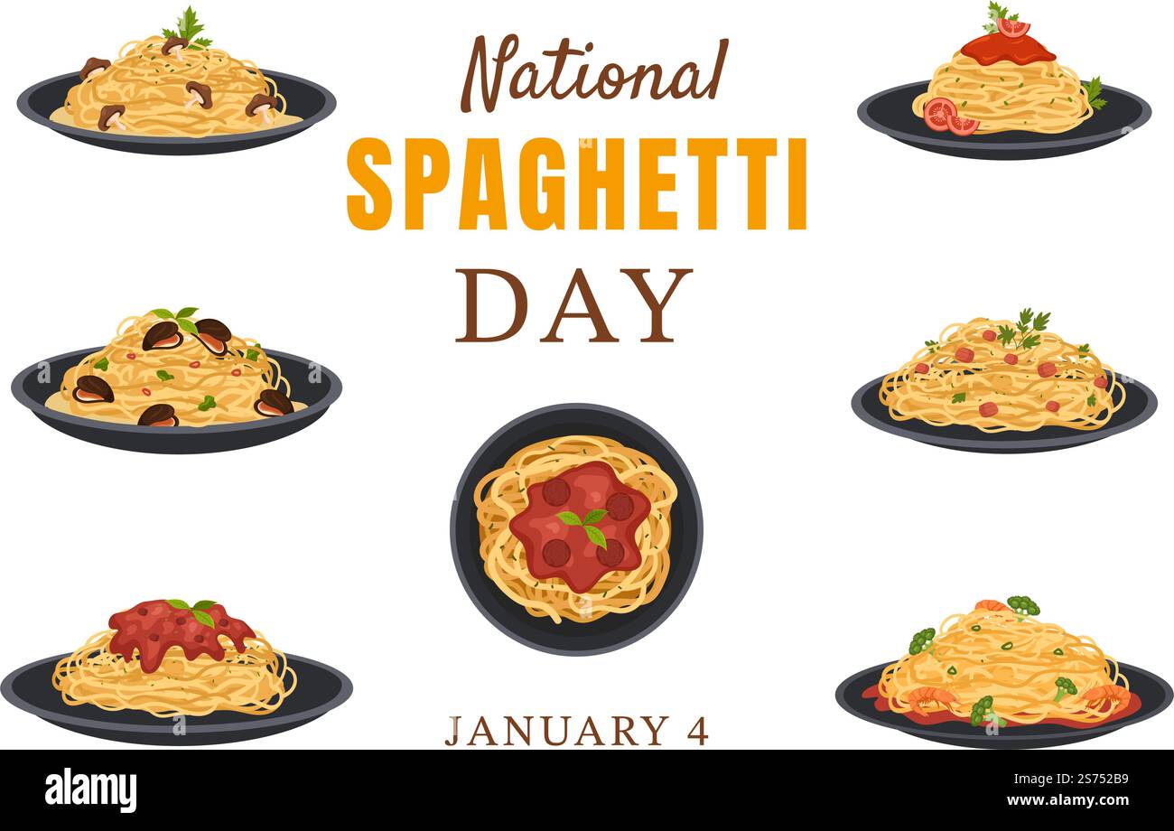Journée nationale des spaghettis le 4th janvier avec une assiette de nouilles ou de pâtes italiennes différents plats en dessin à la main de dessin de dessin animé Illustration de Vecteur Journée nationale des spaghettis le 4th janvier avec une assiette de nouilles ou de pâtes italiennes différents plats en dessin à la main de dessin de dessin animé Illustration de Vecteur